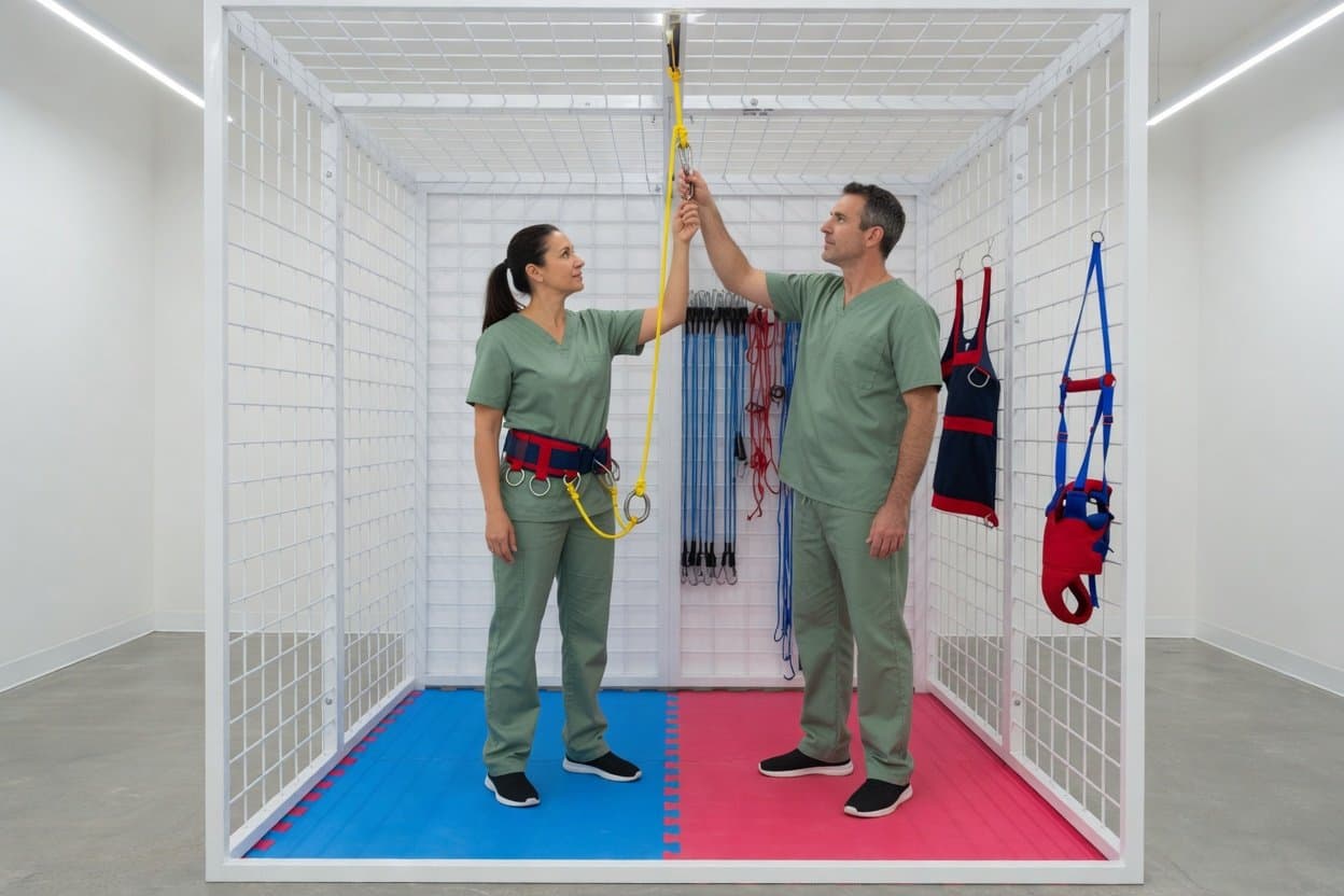 Two therapists fitting the eight-point belt inside the Ability Exercise Unit
