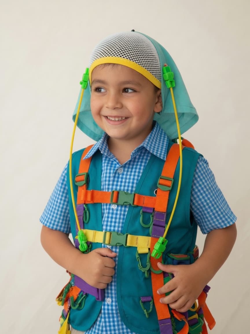 Child wearing the PediaSuit cap, vest, and elastic cords