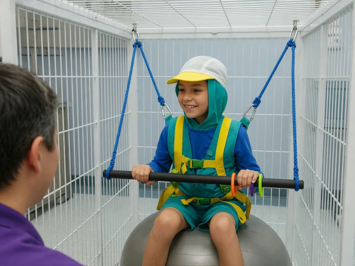 A therapy session on an exercise ball inside the cage, with the suit and a support bar