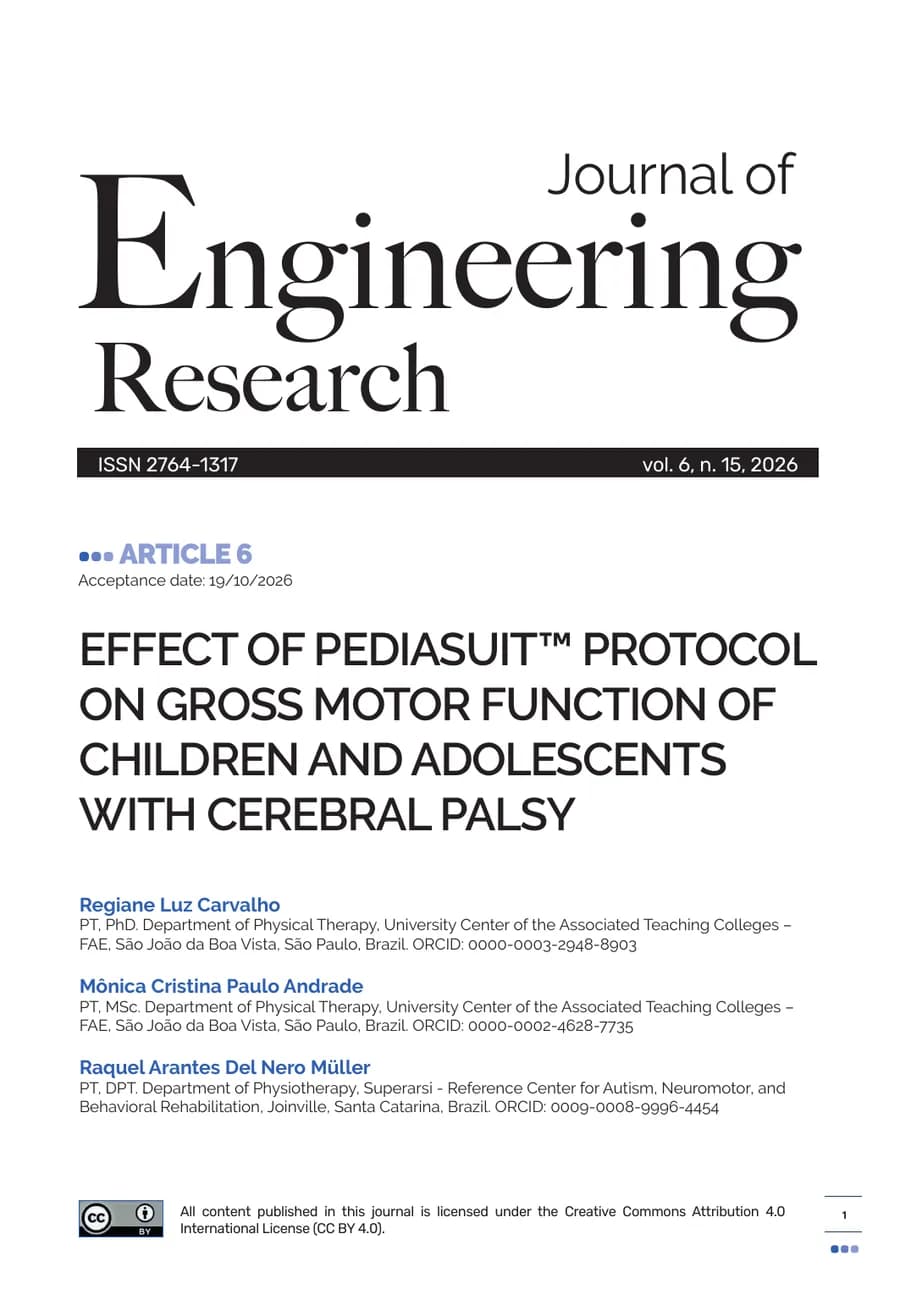 First page of the article “Effect of PediaSuit™ Protocol on Gross Motor Function of Children and Adolescents with Cerebral Palsy”, Journal of Engineering Research, 2026 — open the full PDF